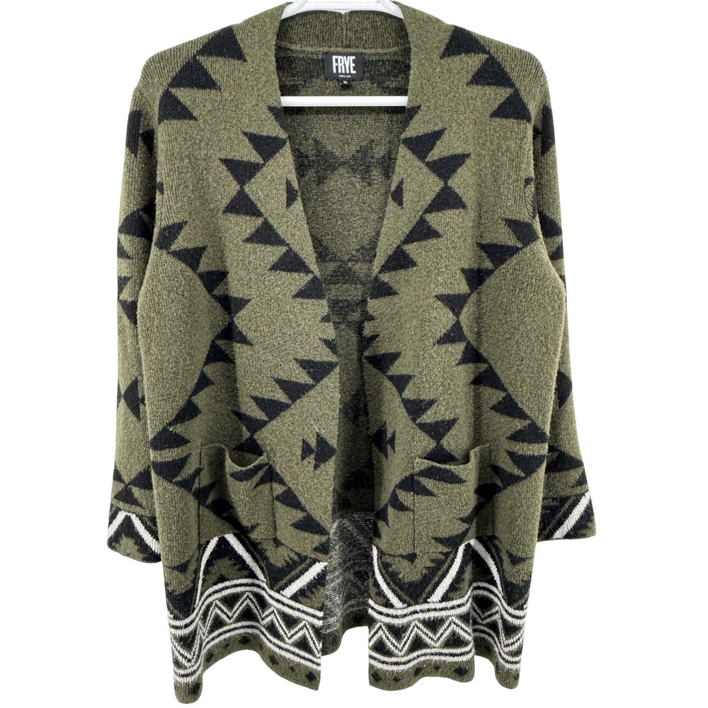 Frye Cardigan Women XL‎ Green Southwestern Open Front Geometric Aztec Sweater